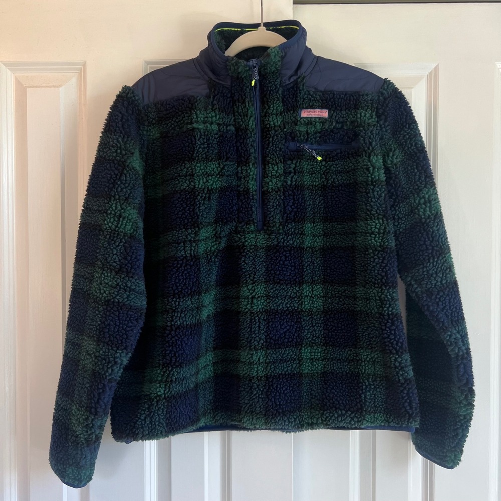 Vineyard‎ Vines Blackwatch Blue & Green Plaid Sherpa Cozy Pullover Jacket Size M